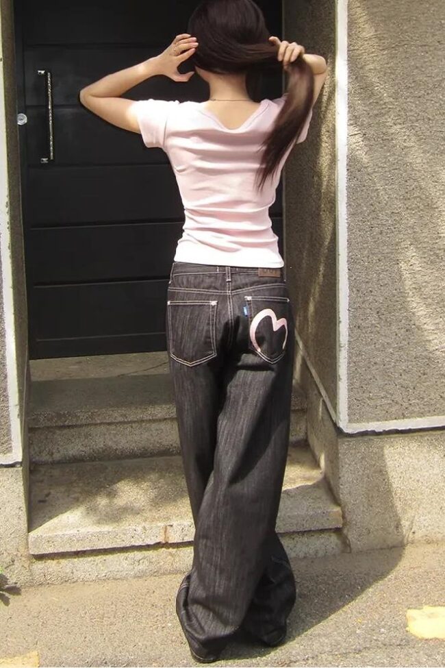 The Fabienne Loose Flared Denim Pants with Heart Pocket Detail – La Rose Couture Trousers & Skirts