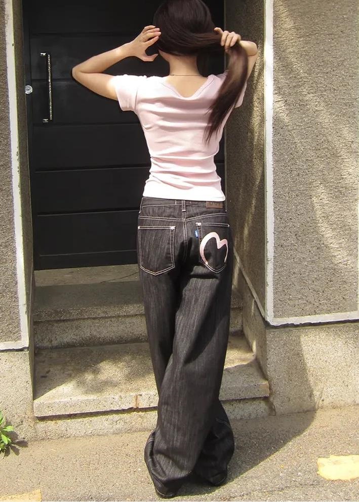 Loose Flared Denim Pants with Heart Pocket - Image 3