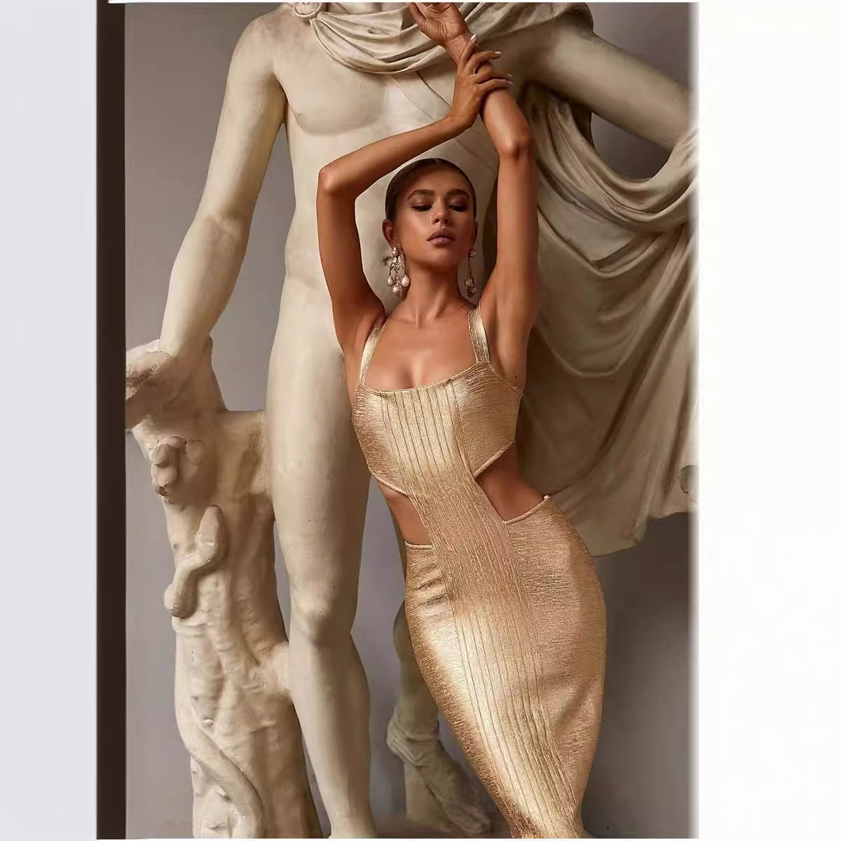 Light Luxury Gold Bodycon Midi Dress for Party Events