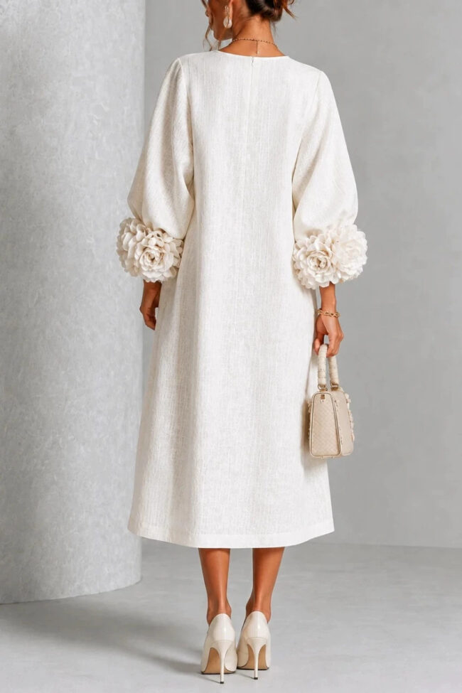The Marine Elegant Floral Sleeve Cotton Linen Dress Detail – La Rose Couture Dresses & Gowns