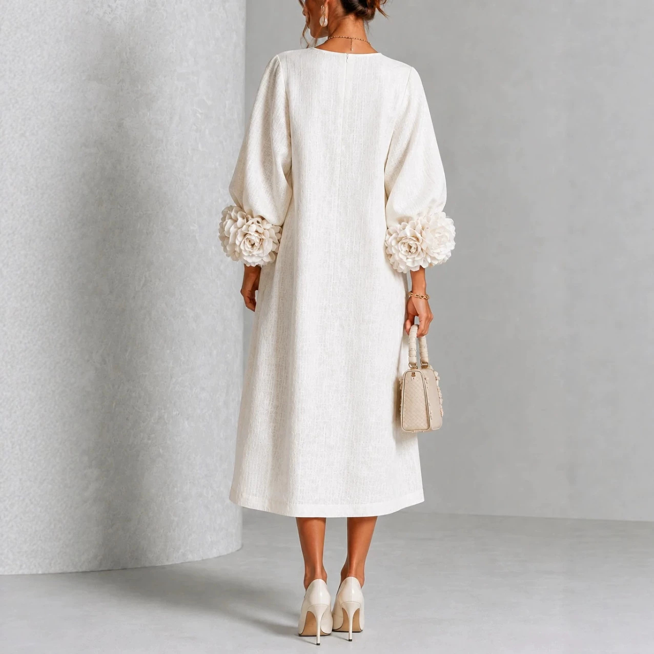 Elegant Floral Sleeve Cotton Linen Dress - Image 3