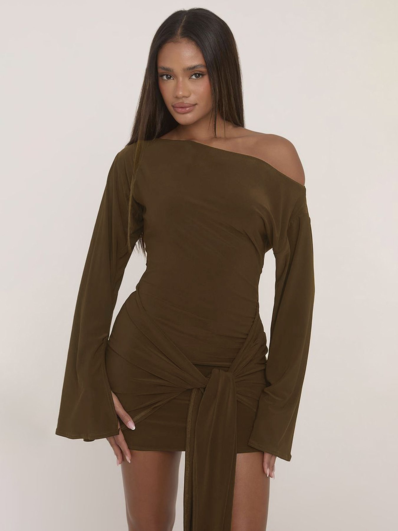 Slanted Shoulder Long Bell Sleeve Bodycon Dress - Image 3