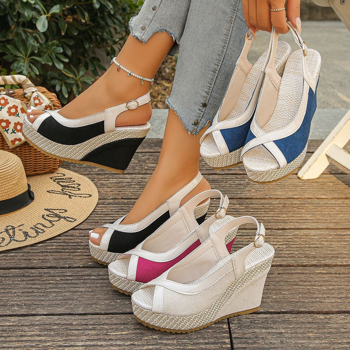 Women Summer Suede Wedge Platform Fish Mouth Sandals Color Blocking