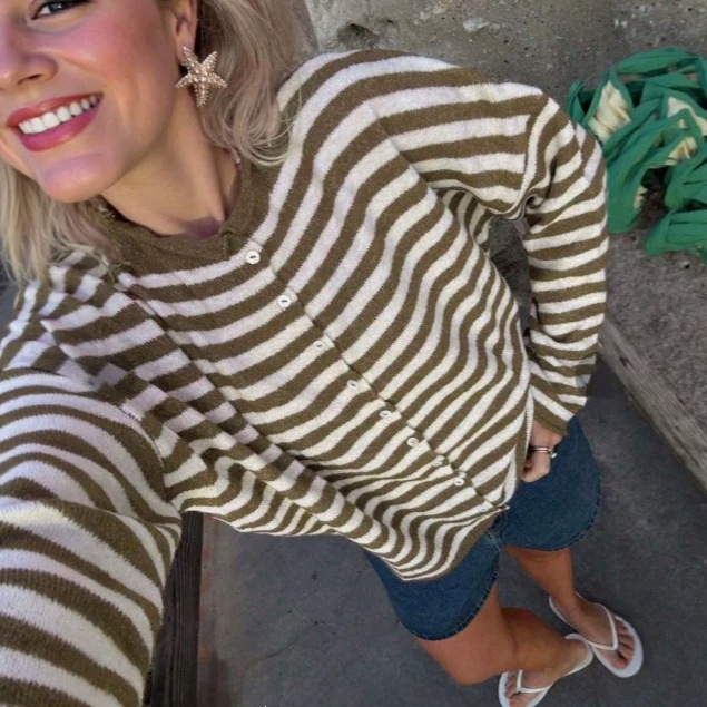 Women's Striped Knit Button-Front Long Sleeve Cardigan - Image 5
