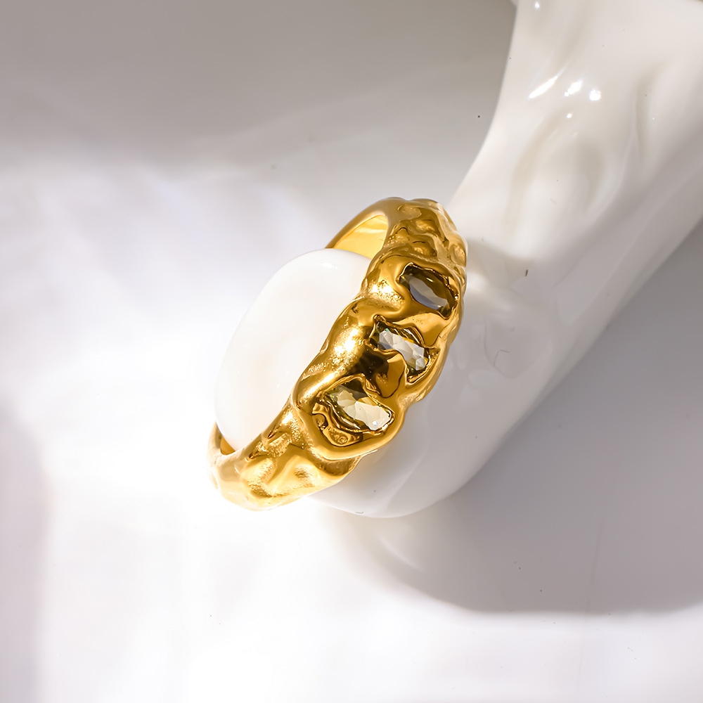18K Gold Plated Irregular Texture Zircon Ring for Women Stainless Steel - Image 4