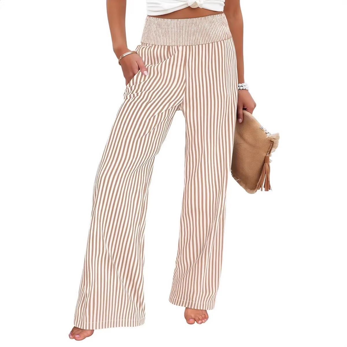 Womens Loose Striped Cotton Linen Casual Pants with Elastic Waist - Image 2