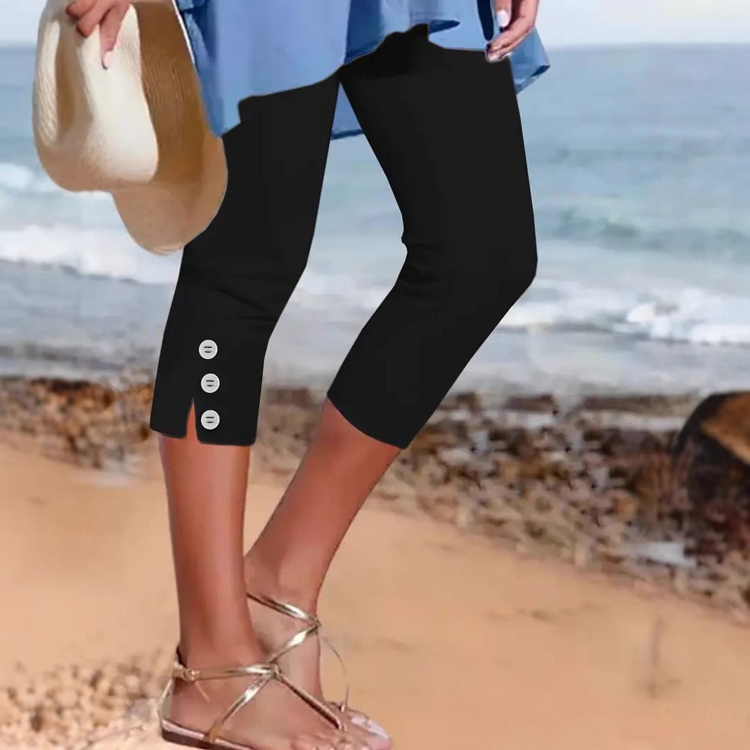 Women's mid-thigh elastic buttoned decorative capri pants - Image 5