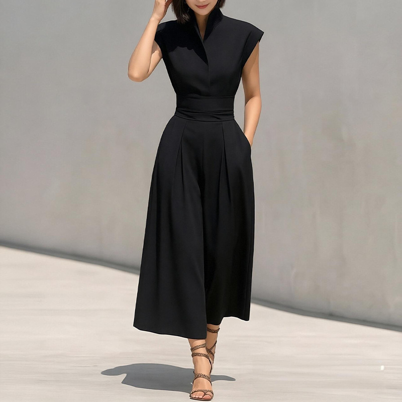 Elegant Stand Collar Flutter Sleeve Dress - Image 2