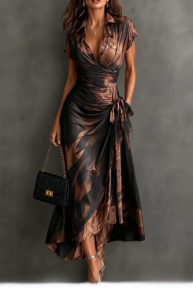 The Juliette Elegant Printed Short Sleeved Lace Up Dress Detail – La Rose Couture Dresses & Gowns