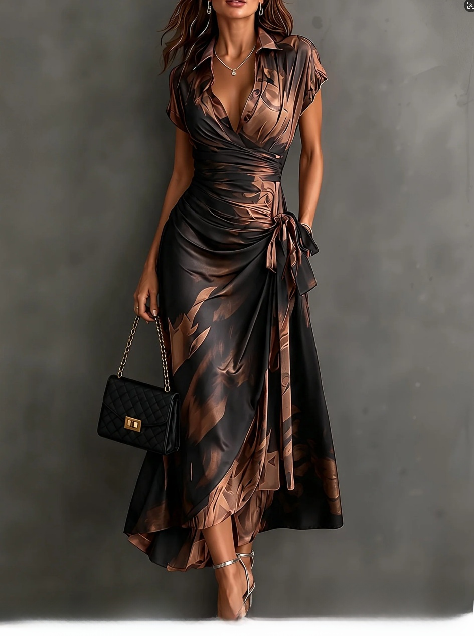 Elegant printed short-sleeved lace-up dress - Image 4