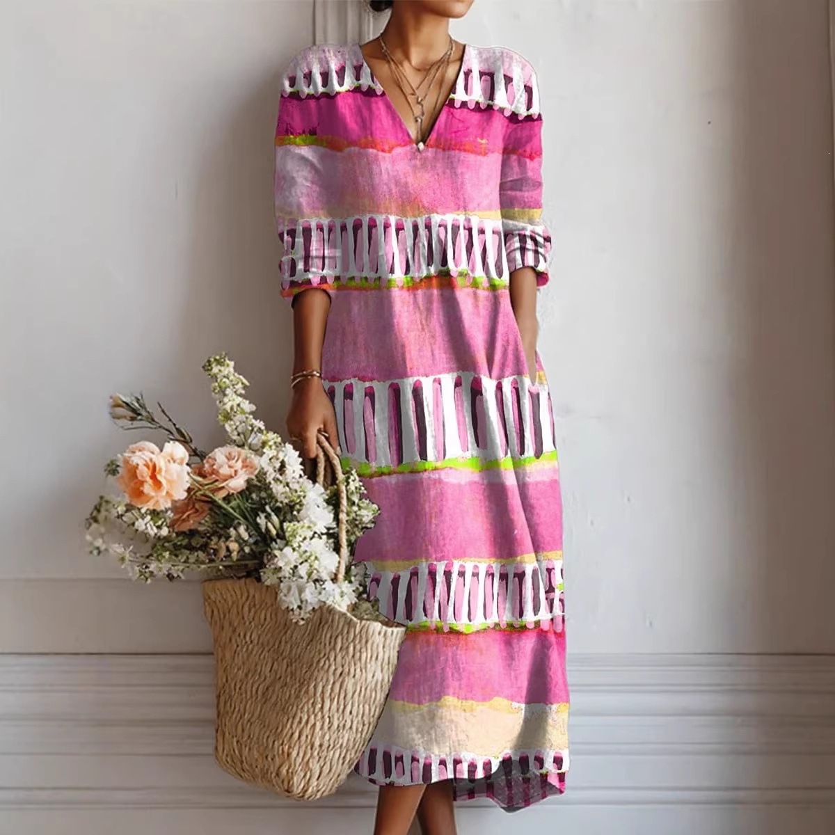 3D Printed Womens V-Neck Patchwork Long Dress
