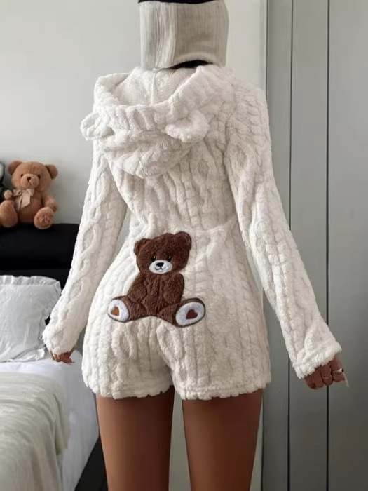 Womens Casual Solid Color Hooded Long Sleeve Plush Jumpsuit - Image 2