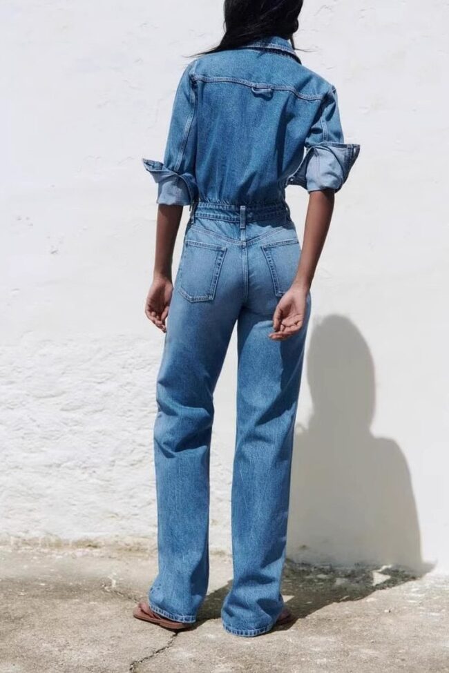 The Seraphine Long Sleeve Washed Denim Jumpsuit Detail – La Rose Couture Dresses & Gowns