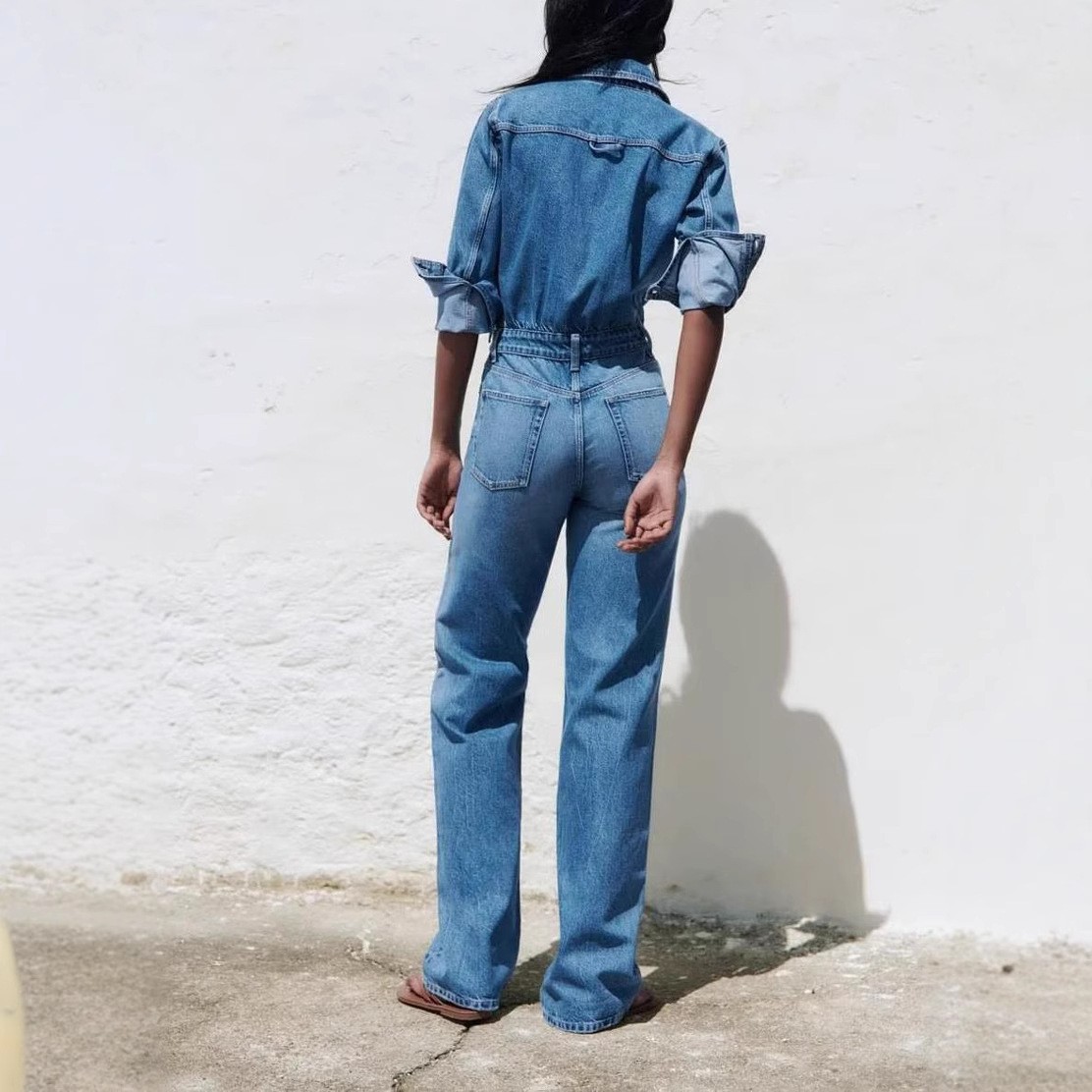 Long Sleeve Washed Denim Jumpsuit - Image 2
