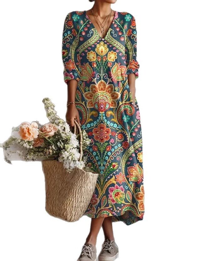 The Solene 3d Printed V Neck Patchwork Long Dress Detail – La Rose Couture Dresses & Gowns