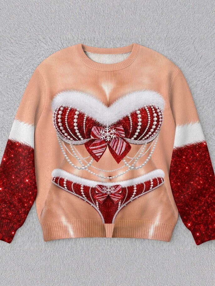 Womens 3D Printed Christmas Sweater Pullover Fleece Knit Top - Image 2