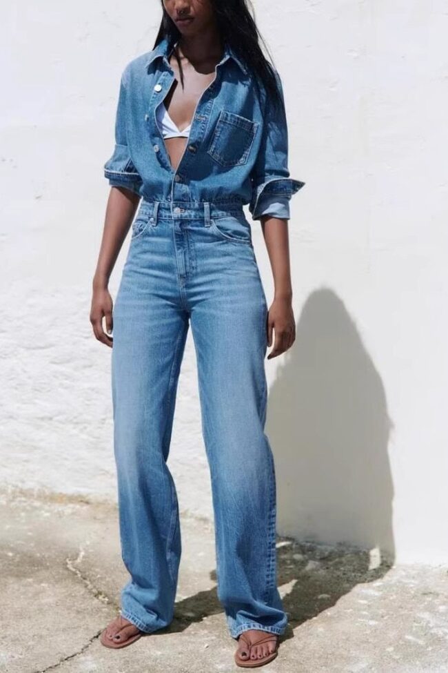 The Seraphine Long Sleeve Washed Denim Jumpsuit – La Rose Couture Dresses & Gowns