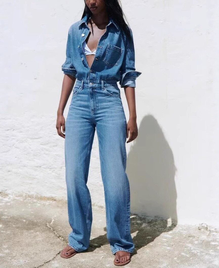 Long Sleeve Washed Denim Jumpsuit