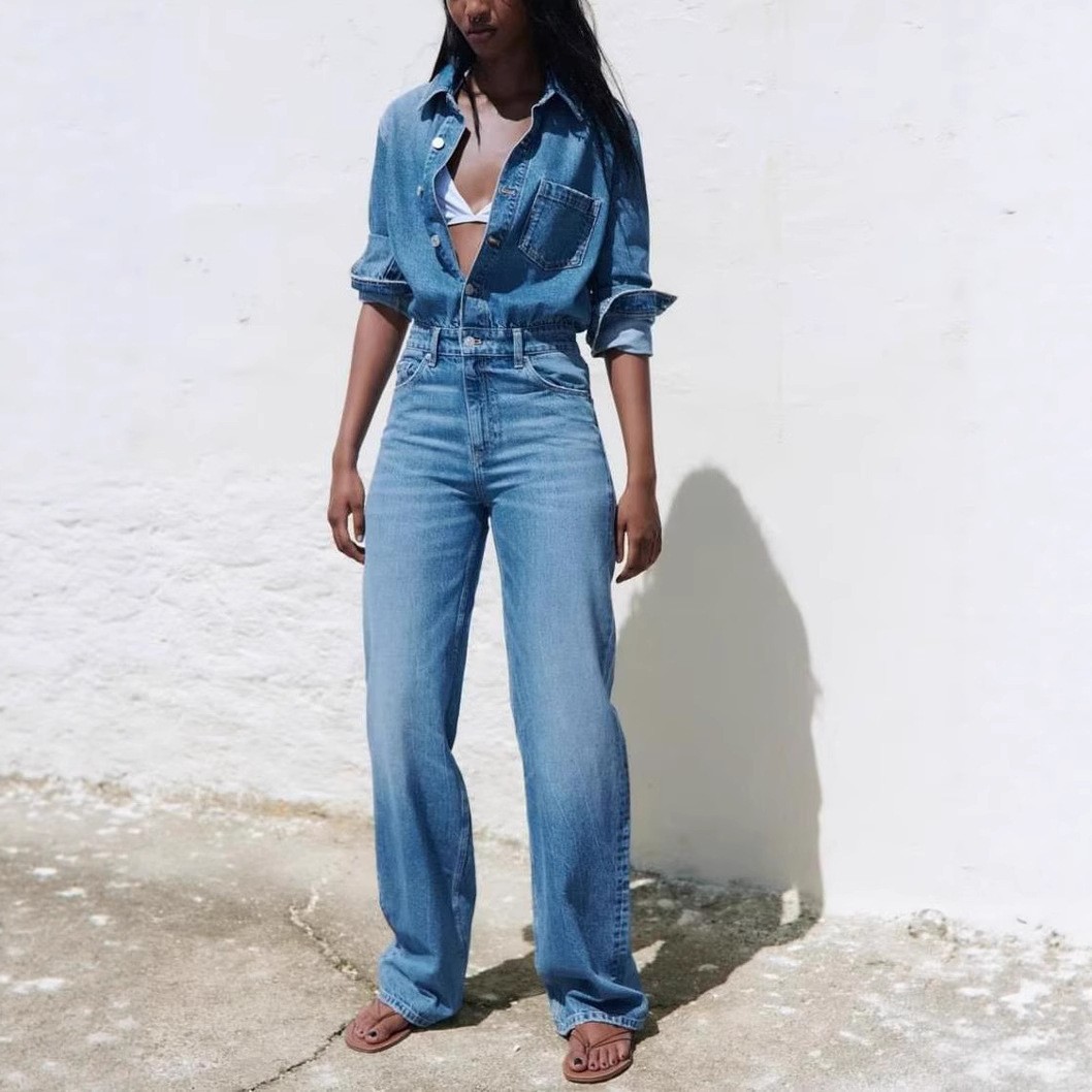 Long Sleeve Washed Denim Jumpsuit