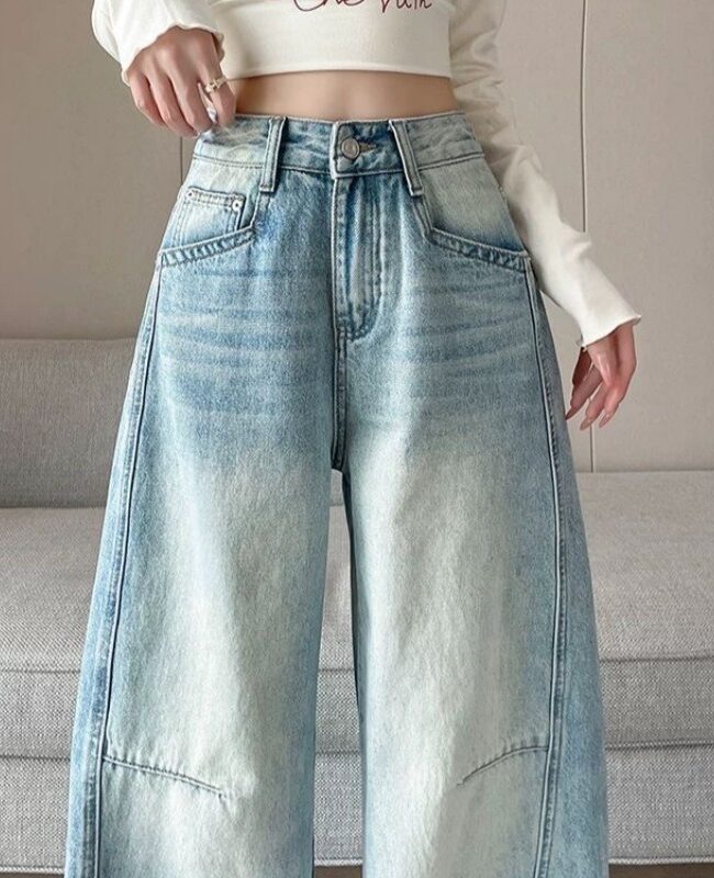 The Carine Vintage Blue High Waisted Curved Leg Denim Trousers Detail – La Rose Couture Trousers & Skirts