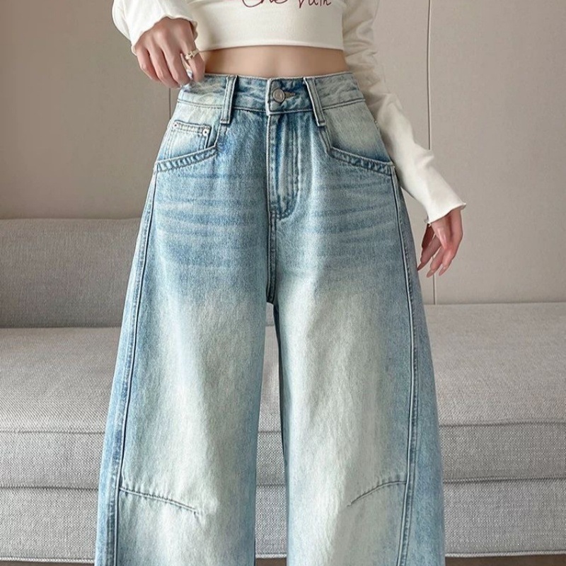 Women's Vintage Blue High-Waisted Curved-Leg Denim Trousers - Image 4