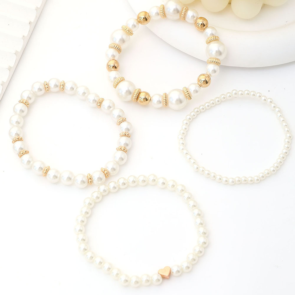 Creative Love Heart Imitation Pearl Round Bead Bracelet 4-Piece Set - Image 3