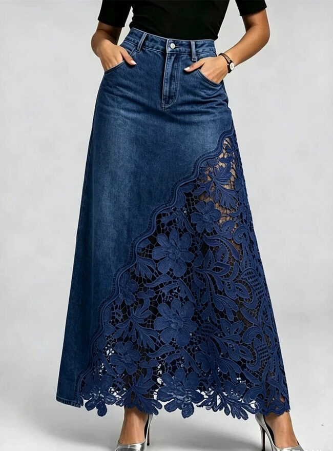 The Hortense Elegant Washed Denim Lace Patchwork Long Skirt Detail – La Rose Couture Trousers & Skirts