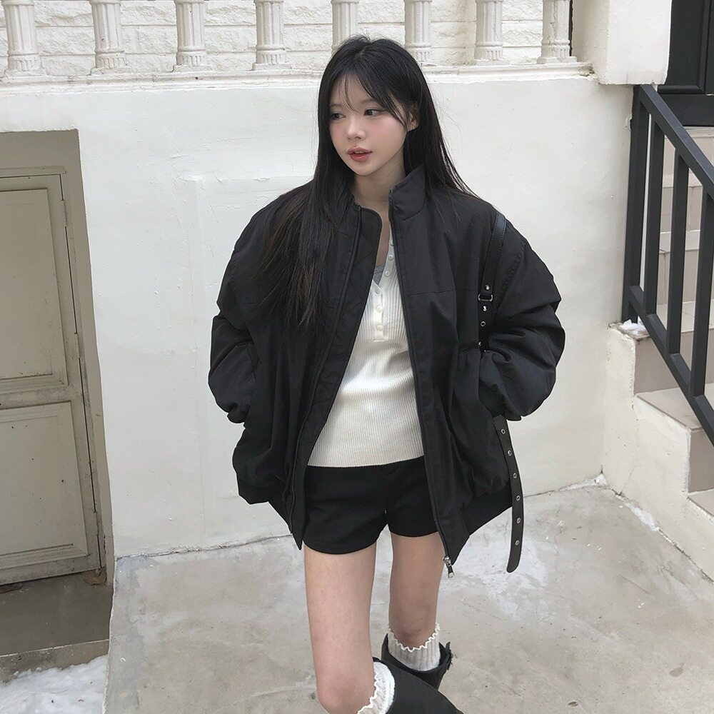 Women's Korean Style Stand-Up Collar Pilot Sleeve Pleated Cotton-Padded Jacket - Image 4