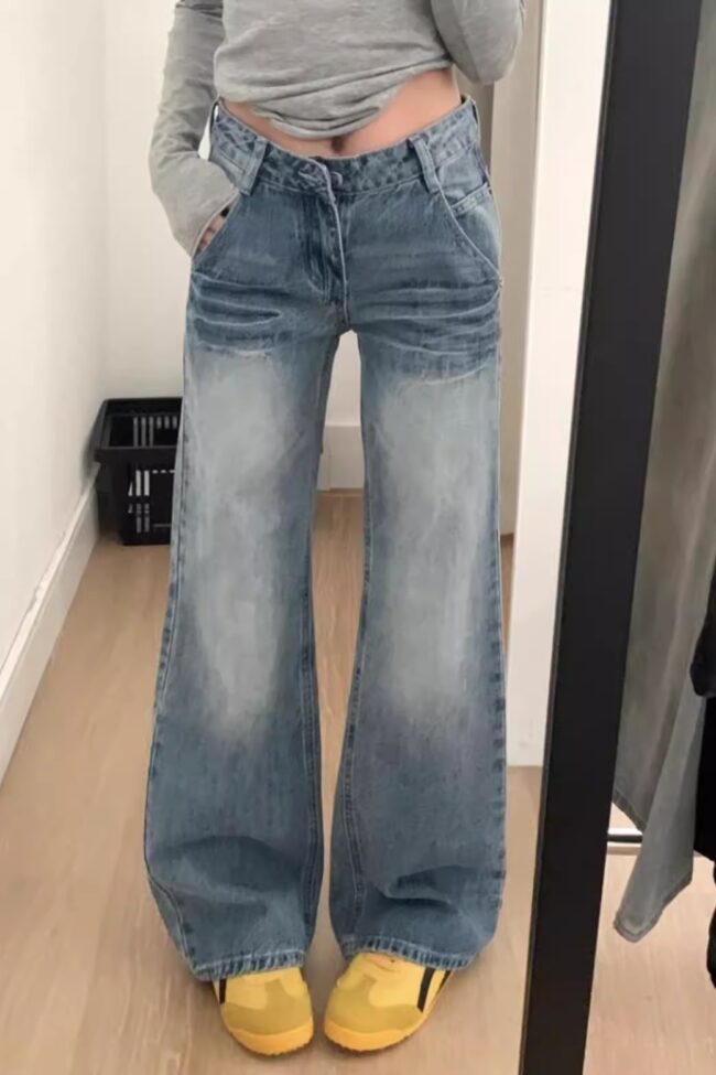 The Mathilde American Retro Light Blue Flared Jeans for High Waist Slimming Wide Leg Pants Detail – La Rose Couture Trousers & Skirts