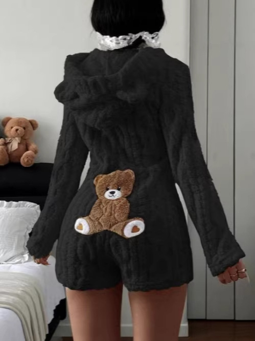 Womens Casual Solid Color Hooded Long Sleeve Plush Jumpsuit - Image 5
