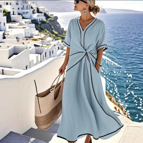 Womens Elegant V-Neck Short Sleeve A-Line Dress Loose Fit - Image 3