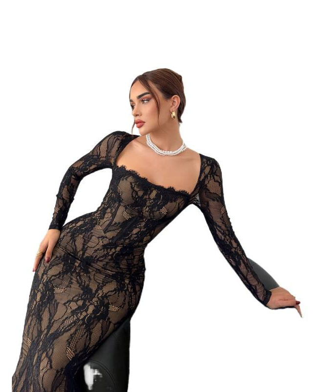 The Audrey Lace Square Neck Long Sleeve Dress Detail – La Rose Couture Dresses & Gowns