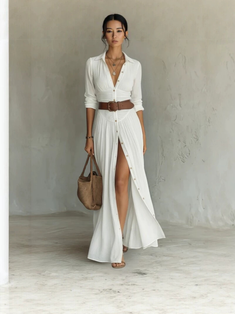 Womens Collared Shirt Dress with Belt - Image 2