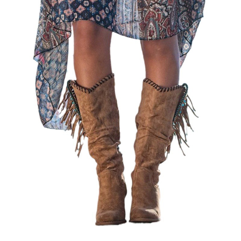 Women's Suede High-Tube Tassel Chunky High-Heeled Boots - Image 2