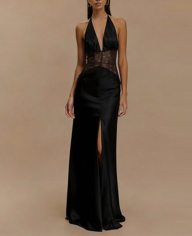 The Zephyrine Elegant Lace Deep V Neck Backless Long Dress Detail – La Rose Couture Dresses & Gowns
