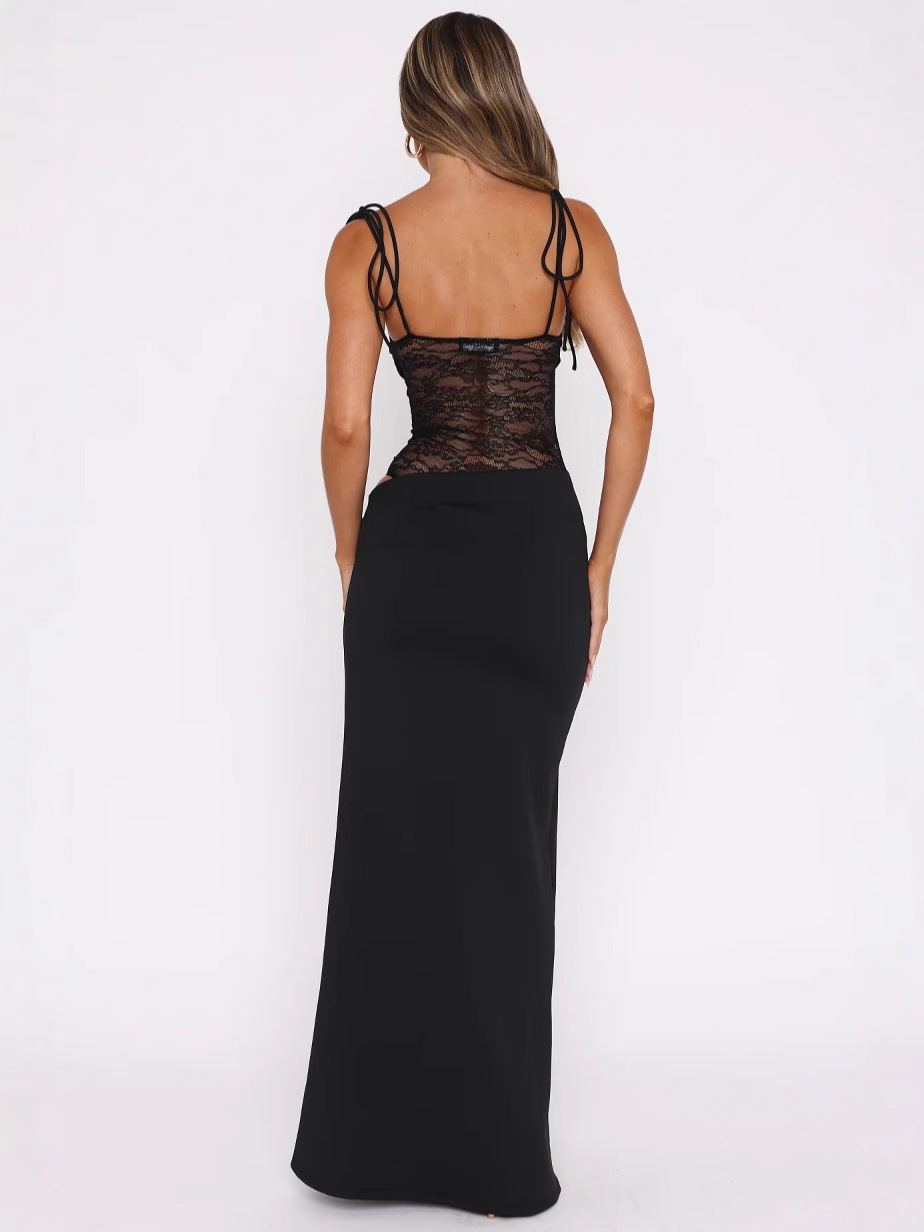 Womens Elegant Lace Stitching Halter Neck Dress - Image 2