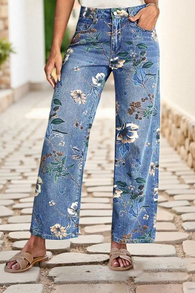 The Iris Printed Denim Wide Leg Pants – La Rose Couture Trousers & Skirts