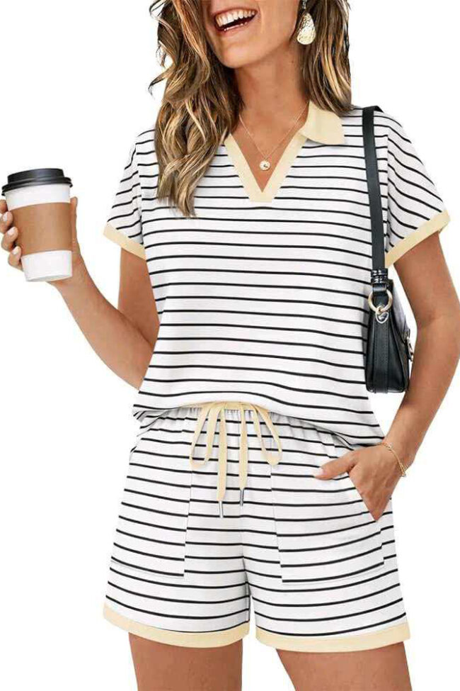 Striped Short Sleeve Color Blocking Two Piece Set Detail – La Rose Couture Trousers & Skirts