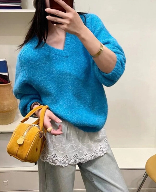 The Mathilde V Neck Knitted Pullover Long Sleeve Loose Fit Sweater – La Rose Couture Tops & Blouses