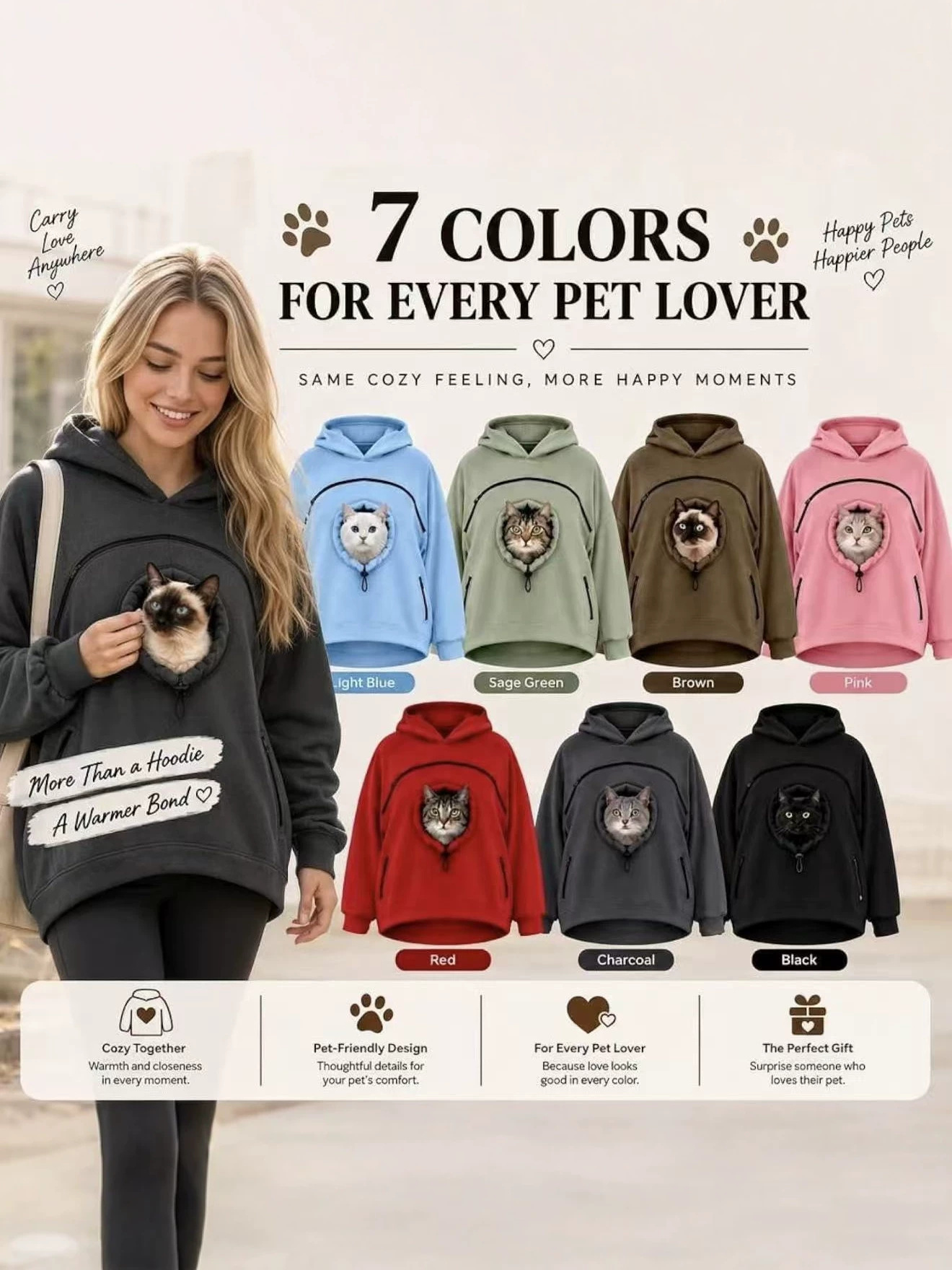 Couples Pet Carrier Hoodie Unisex Kangaroo Pocket Pullover - Image 4