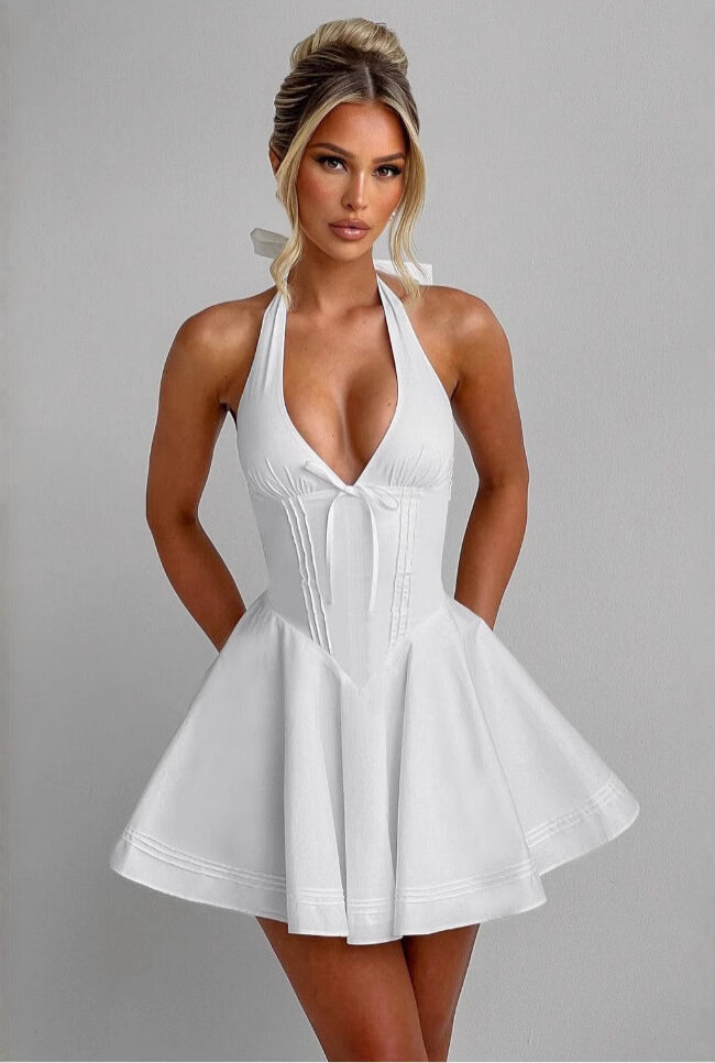The Gisele French Design Deep V Neck Open Back Halter Mini Dress Slim a Line Summer – La Rose Couture Dresses & Gowns