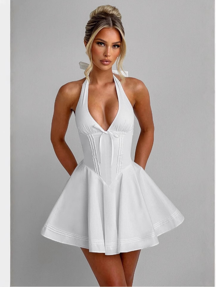 French Design Deep V Neck Open Back Halter Mini Dress Slim A-Line Summer Dress