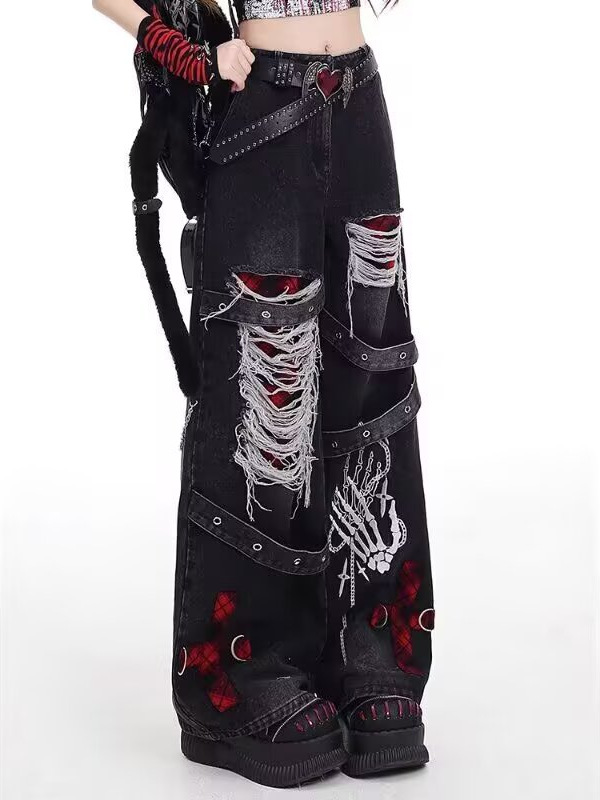 Womens Punk Style Retro Distressed Ripped Wide Leg Jeans - Image 3
