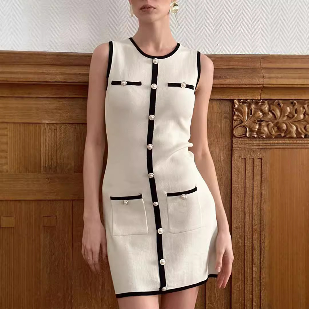 Women's Sleeveless Pearl Button A-Line Tweed Knit Mini Dress - Image 2