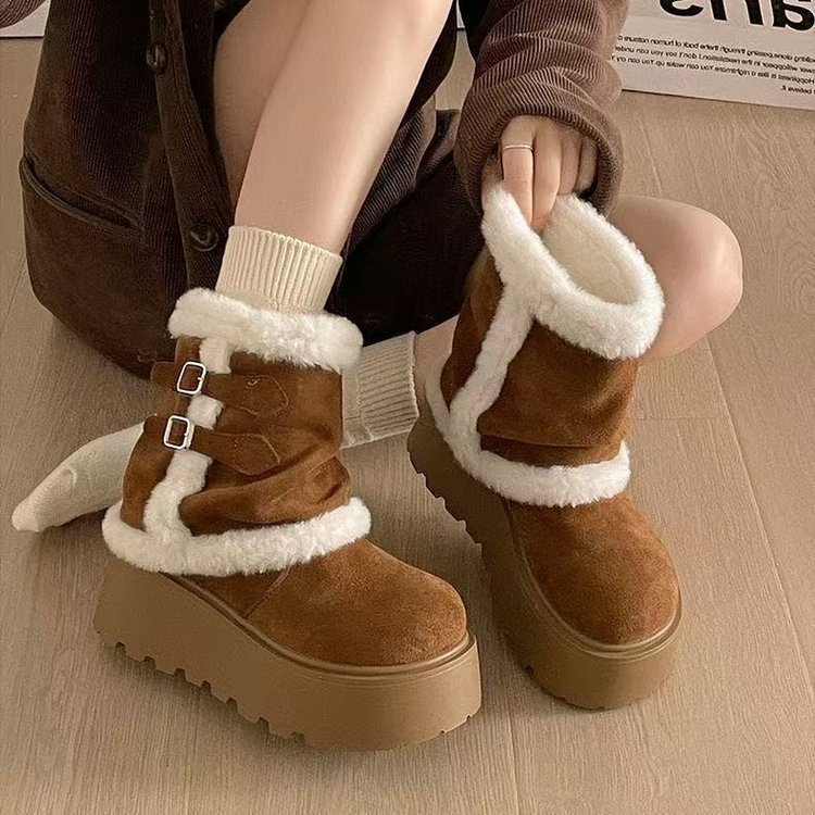 Women's Plush Lined Winter Snow Boots Cuffable Shaft Chunky Platform Warm Ankle Boots - Image 2