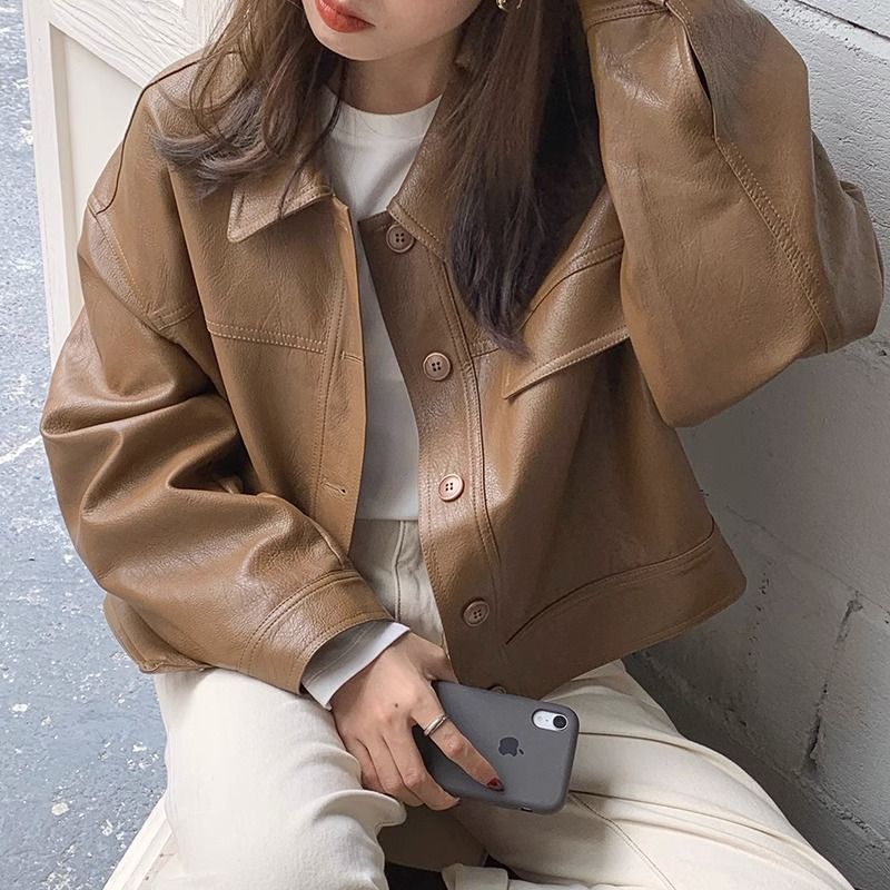Women's Vintage PU Leather Jacket Stand Collar Long Sleeve Zip-Up Short Coat