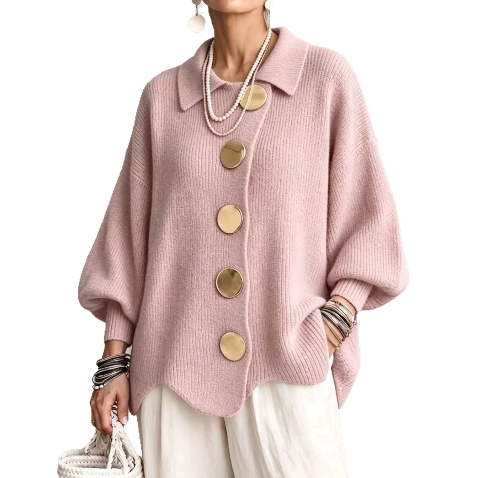 Women's V-Neck Button Long Sleeve Knit Sweater - Image 3