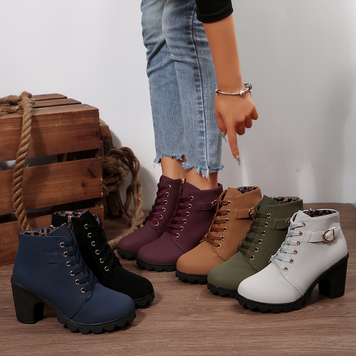 Women's Thick Heel Round Toe Side Zipper Boots - Image 2
