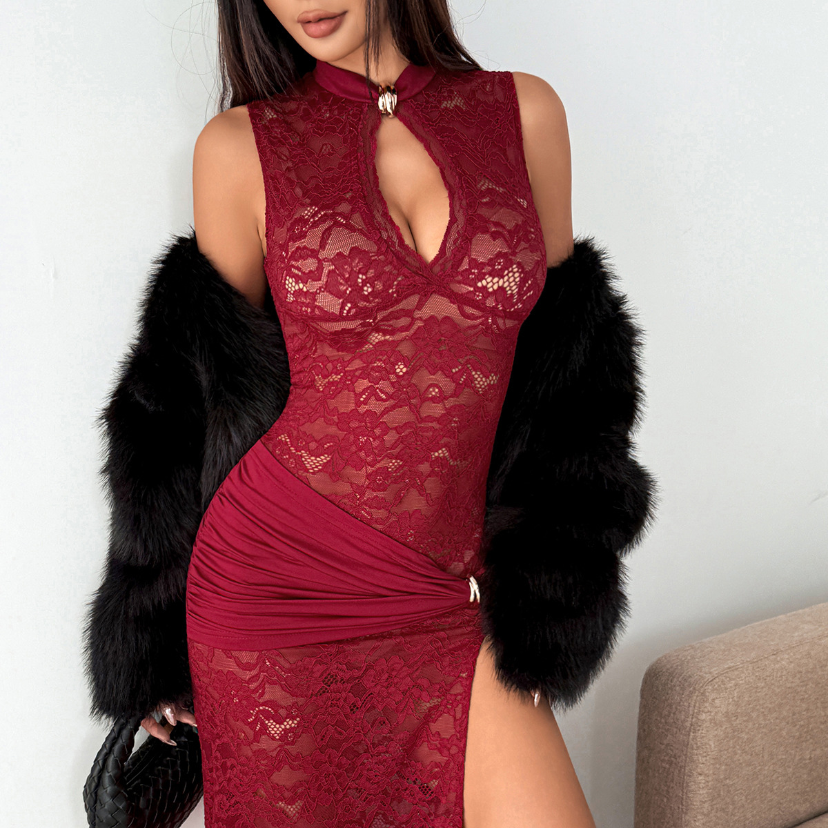 Pure Lust Sexy Lace See-Through High Slit Slim Hip-Hugging Dress - Image 4