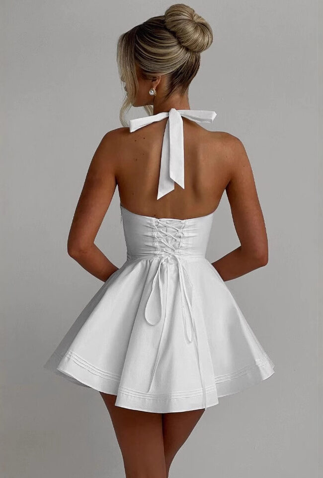 The Gisele French Design Deep V Neck Open Back Halter Mini Dress Slim a Line Summer Detail – La Rose Couture Dresses & Gowns